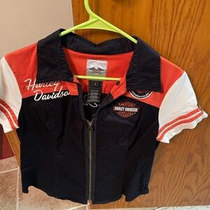 Harley-Davidson Ladies Black, Orange, and White Button Down Shirt